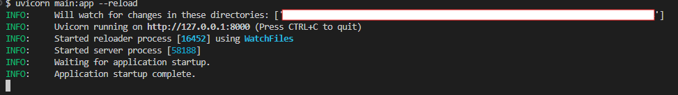 terminal lors du lancement de fastapi